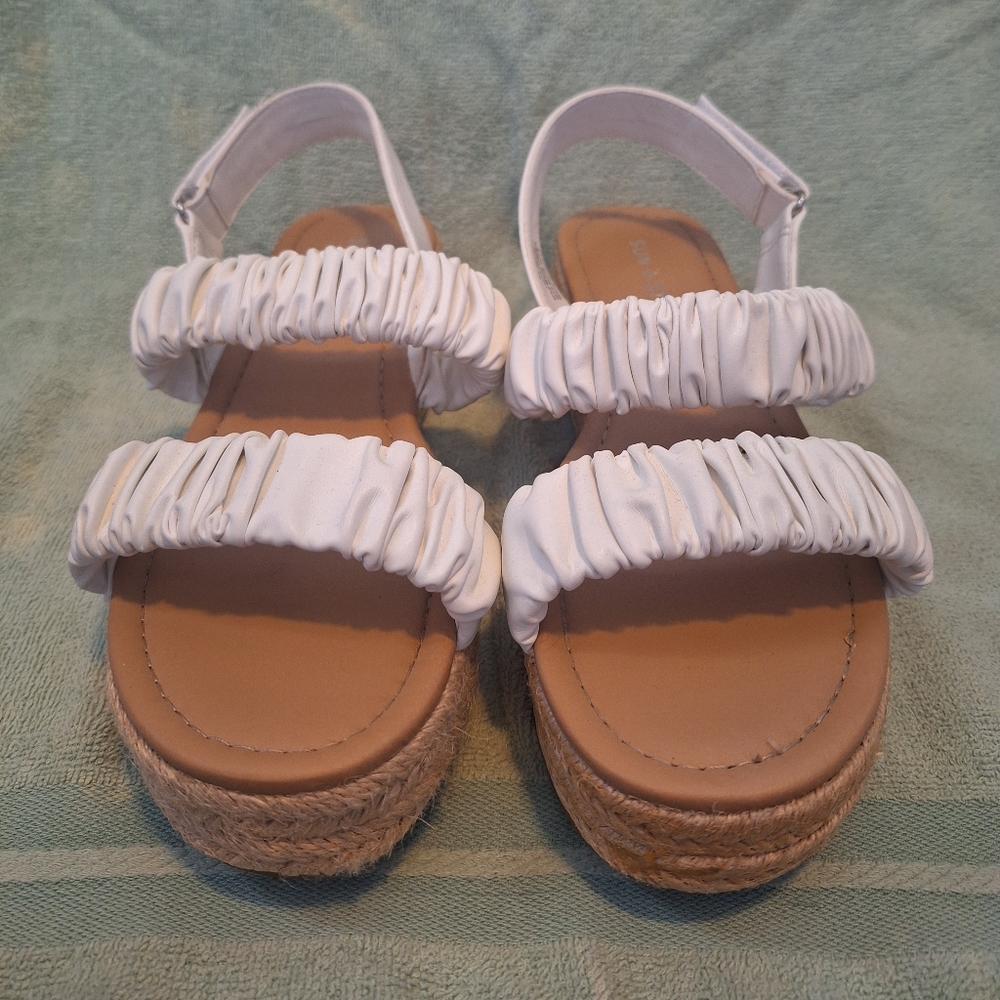 White and Tan Platform Sandals, Size 7 (tight 7.5)